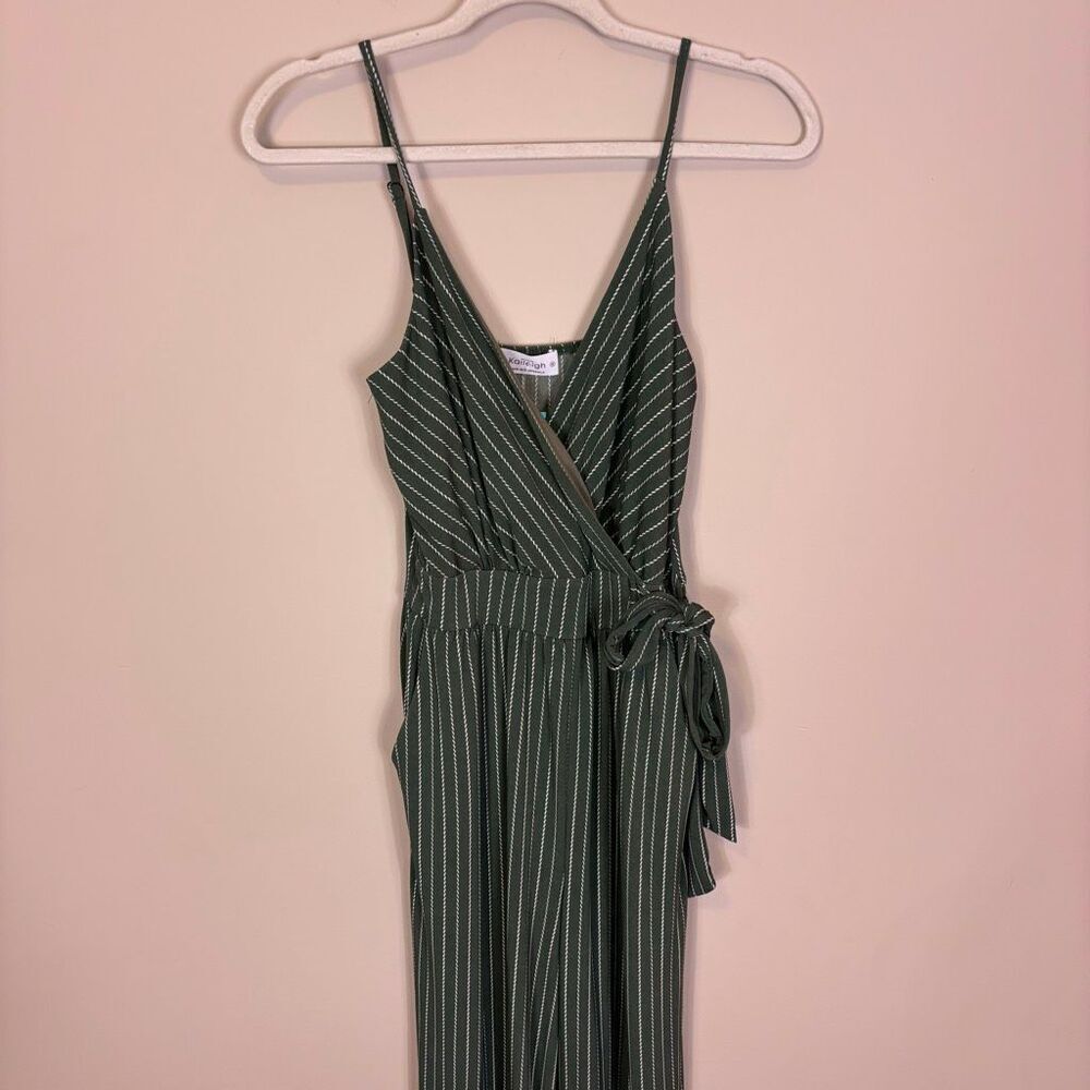 New Kaileigh Green with White Rica Knit Striped V Neck Cropped Jumpsuit Small - Picture 3 of 5